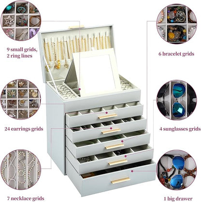 BOOVO Jewelry Box with Necklace Hanger – 6 layer Jewelry Organizer for Women with 5 Drawers, Large Jewelry Storage Boxes –Jewelry Organizers and Storage for Earrings, Necklaces (Grey, 6 layer)