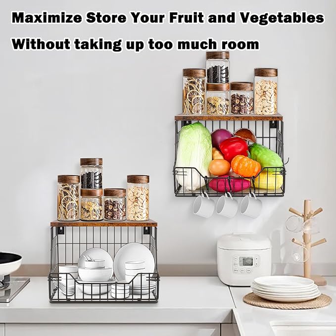 Livabber Fruit Basket for Kitchen, Metal Fruit Vegetable Storage Bin with 2 Banana Hangers, Countertop Wire Basket Organizer for Snack Potato Onion, Screw Mounted or Stand (Black, 2 Pack)