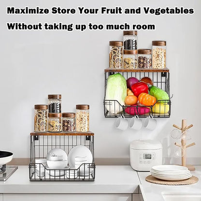 Livabber Fruit Basket for Kitchen, Metal Fruit Vegetable Storage Bin with 2 Banana Hangers, Countertop Wire Basket Organizer for Snack Potato Onion, Screw Mounted or Stand (Black, 2 Pack)