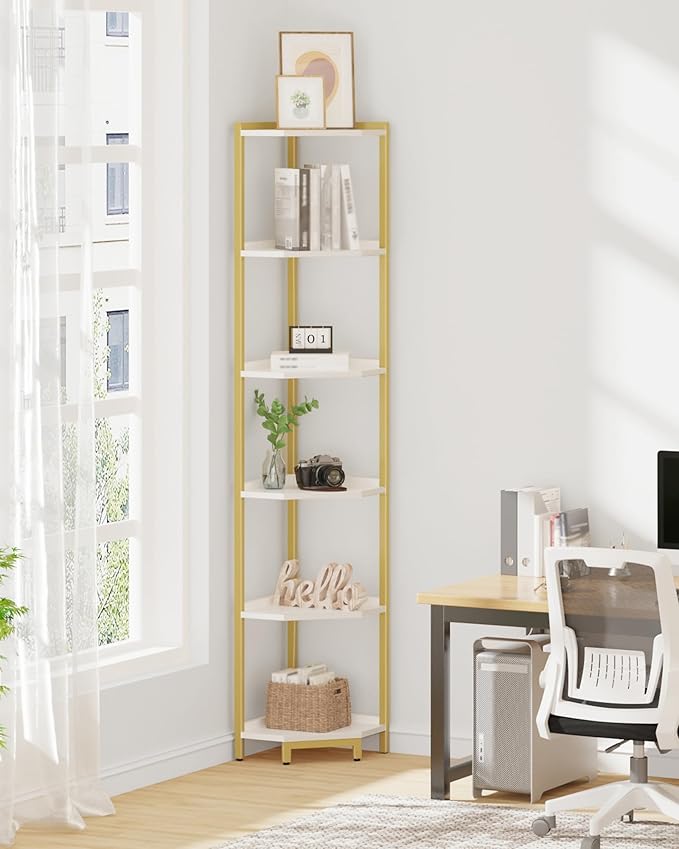 Corner Shelf Stand, Corner Bookshelf, Storage Standing Shelf Unit with Metal Frame, Plant Stand, Corner Bookcase for Living Room, Home Office, Bedroom, 6-Tier White Gold CS06003A