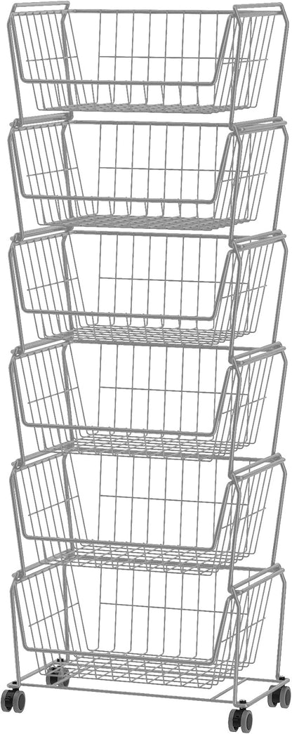 PUSDON Stackable Metal Storage Carts, Dual Use Shelf for Kitchen Fruit Vegetable Baskets with Wheels, Storage Rack for Living Room, Home & Office, Standard Silver Grey 6 Tiers
