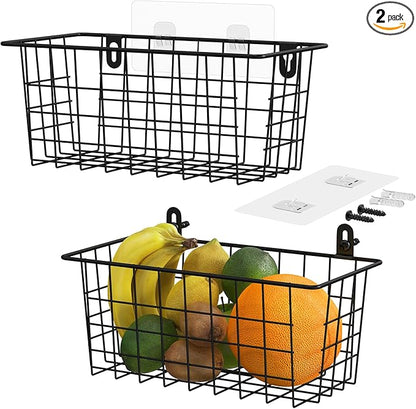MaraFansie Hanging Kitchen Baskets Wire Storage Basket Adhesive and Screws Basket Over the Cabinet Door Organizer with Adhesive Strips and Screws Accessories, 2 Installations, 2 Pack
