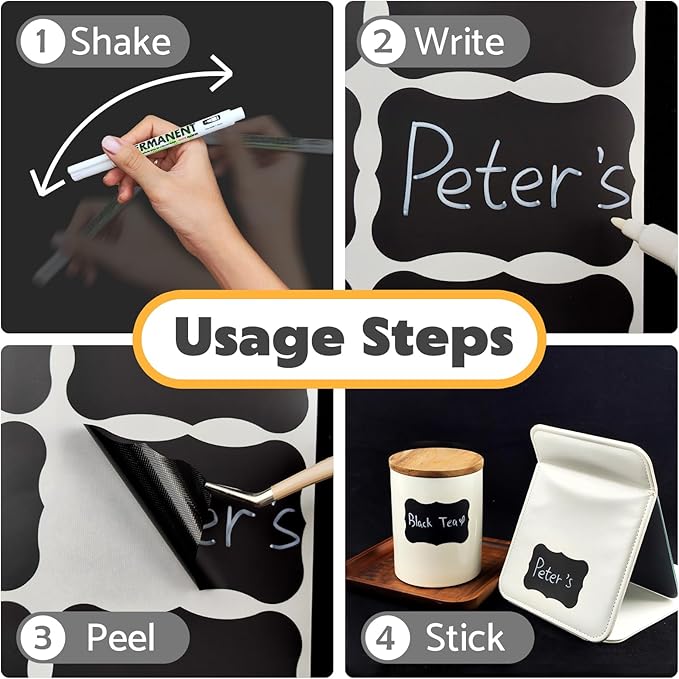 180Pcs Chalkboard Labels for Jars, Waterproof Reusable Blackboard Stickers with 1 Liquid Chalk Markers, Organization Labels Removable (Black, Wavy)