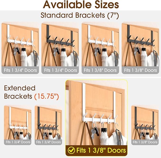 CHAUNCEY HOME Long Over The Door Hooks Hanger with 15.75" Arms for for Easier Access by Shorter, J16U, Perfectly Fits US Standard 1 3/8-inch Doors, Towel Rack Bathroom Organizer Holder, White