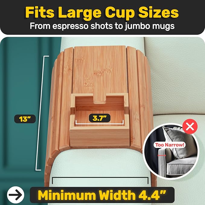 Bamboo Couch Cup Holder for Drink & Snack, Couch Arm Table & Couch Armrest Tray with Couch Cup Holder Tray Table for Couch, Recliner, or Loveseat, Couch Caddy.