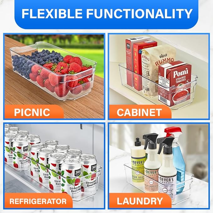 10-Piece Stackable Refrigerator Bin Organizer Set with Easy Grip Handles - Clear Multi-Purpose Storage Bins for Fridge and Pantry Use