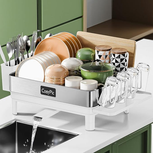 CosyPic Dish Racks, Thicker Premium 304 Stainless Steel Dish Drying Rack for Kitchen Counter, Automatic Drainage Spout, Dish Drainer & Drainboard Set with Utensil Holder and Cup Holder, White