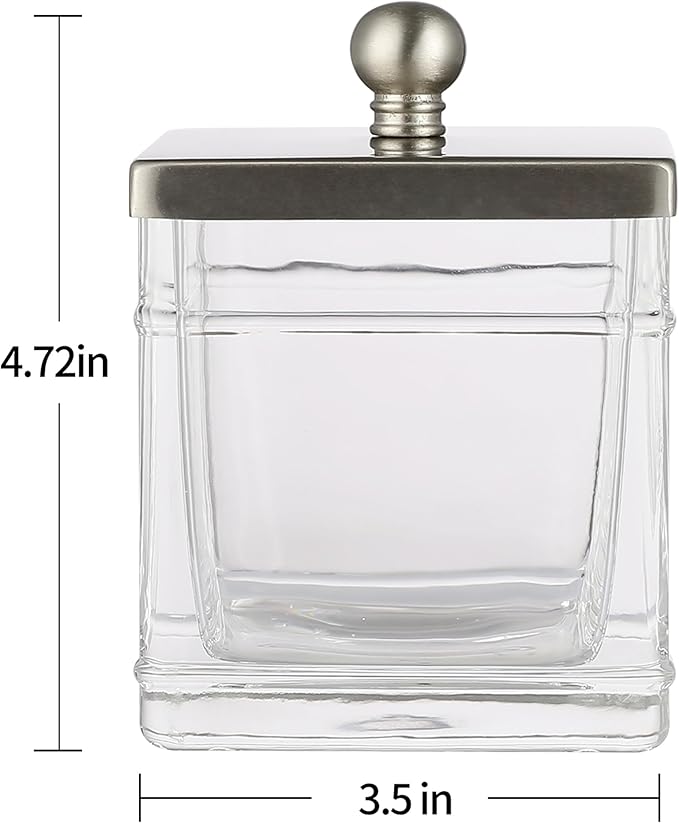 Indecor Home Glass Cotton Jar Holder 2 Pack– Satin Nickel Lid, Elegant Bathroom Storage Canister for Qtips, Cotton Balls, Floss, Makeup Organizer, Vanity & Bathroom Organization