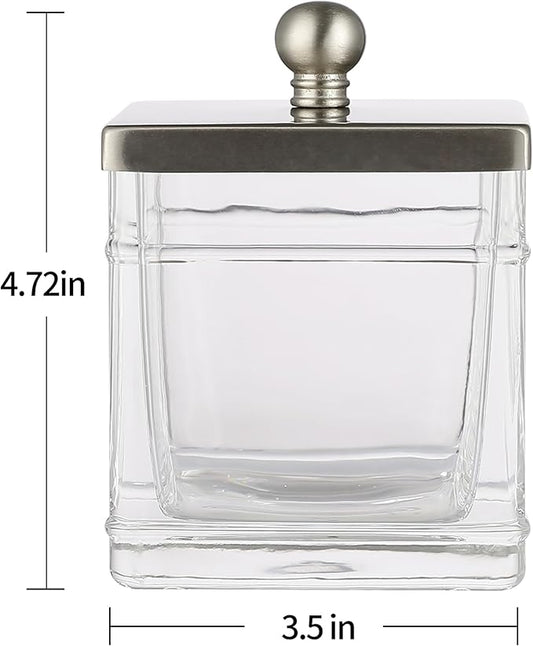 Indecor Home Glass Cotton Jar Holder 2 Pack– Satin Nickel Lid, Elegant Bathroom Storage Canister for Qtips, Cotton Balls, Floss, Makeup Organizer, Vanity & Bathroom Organization