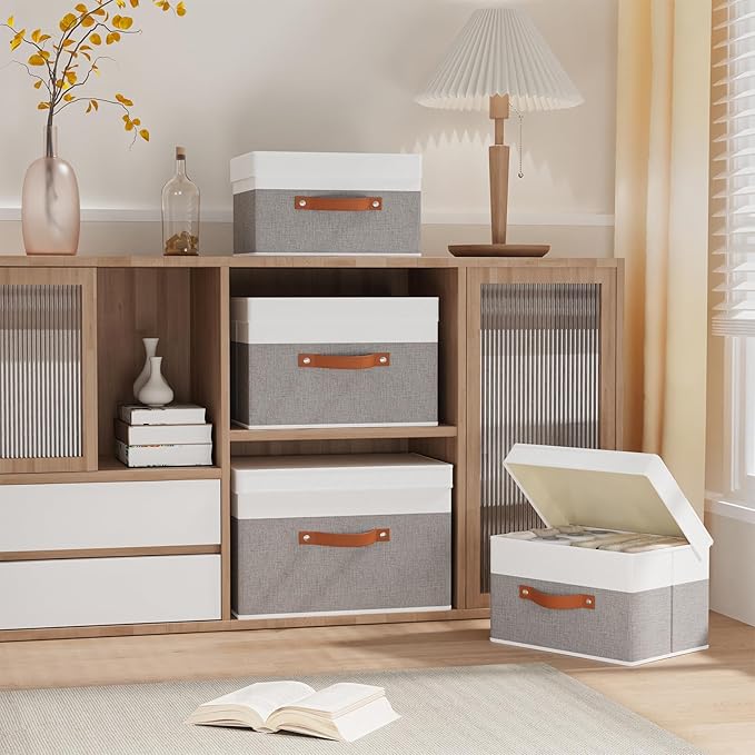 1 Pack Storage Bin with Lid, Collapsible Box, 15 x 9.8 x 9.8 Inch Storage Basket with Double Handles for Bedroom, White and Grey