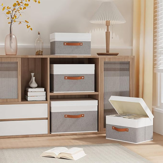 1 Pack Storage Bin with Lid, Collapsible Box, 15 x 9.8 x 9.8 Inch Storage Basket with Double Handles for Bedroom, White and Grey