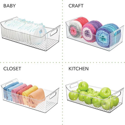 mDesign Slim Plastic Kitchen Pantry Cabinet, Fridge or Freezer Storage Bin with Handles - Organizer Containers for Fruit, Yogurt, Snacks, Pasta - 16" Long - Ligne Collection - 8 Pack - Clear