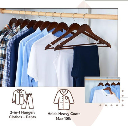 ELONG HOME Wooden Hangers, 20 Pack Coat Hangers with Extra Smooth Finish, Precisely Cut Notches and Chrome Swivel Hook, Wooden Clothes Hangers for Shirt Suit Jacket Dress