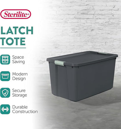 Sterilite 16 Pack 34 Gallon Latch Tote, Stackable Plastic Storage, Gray/Green