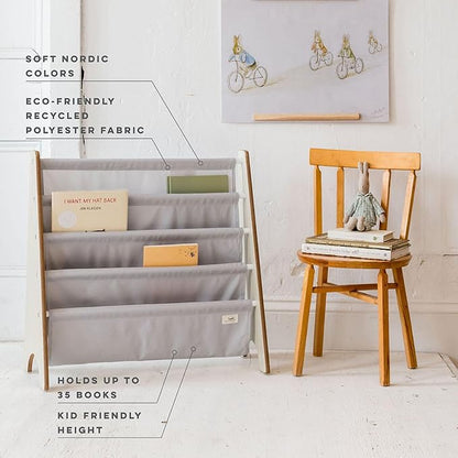 3 Sprouts Recycled Fabric Kids Bookshelf – 4-Tier Sling Book Rack Organizer - Nursery Room Playroom Classroom Wooden Book Shelves - Kid Bookcase Wood Storage Shelf for Toddler Age 3+ - Gray