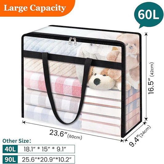 TasticTotes 6 Pack Clear Storage Bags for Comforter, Clothes & Bedding, Plastic Blanket Storage with Zipper and Handle, Moving Bags, Closet Organizer and Under-Bed Storage (60L)