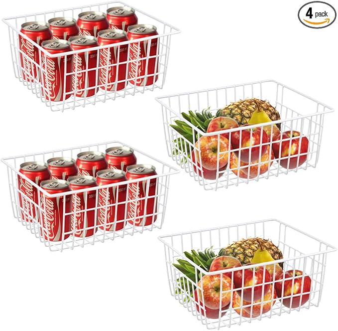 4 Pack White Wire Baskets 11.1"x8.7"x4.7", Wire Freezer Storage Organizer Bins Farmhouse Metal Freezer Basket with Handles for Cabinets, Pantry, Closets, Bedrooms