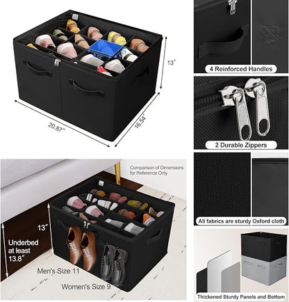 Shoe Organizer for Closet, Foldable Shoe Box with Adjustable Dividers and Clear Cover, Space Saving Shoe Storage Organizer Cabinet with Reinforced Handles, Fits 16 Pairs, Black, TP09B