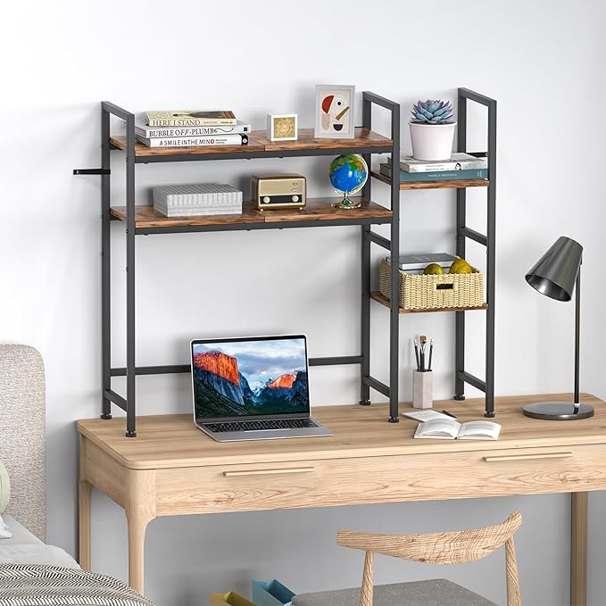 Desktop Bookshelf, Computer Desktop Bookcase Multipurpose Wood Desk Hutch Bookshelf High-Capacity Desk Hutch Organizer for Computer (Brown)