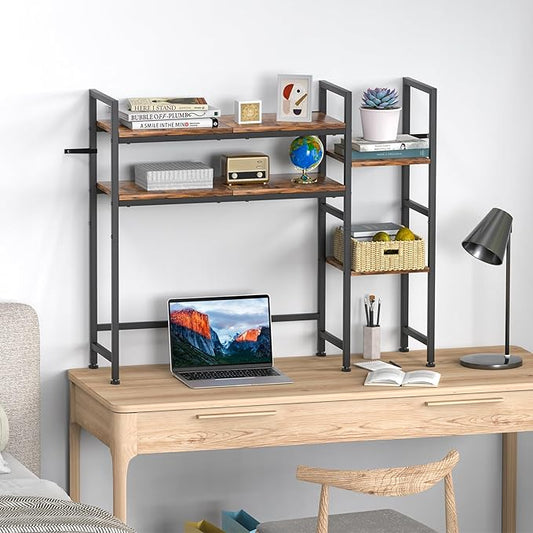 Desktop Bookshelf, Computer Desktop Bookcase Multipurpose Wood Desk Hutch Bookshelf High-Capacity Desk Hutch Organizer for Computer (Brown)