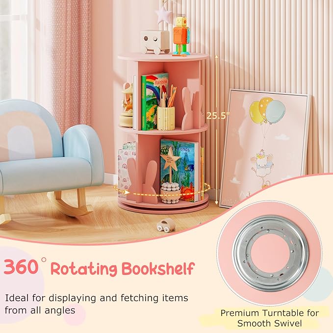 HONEY JOY Kids Rotating Bookshelf, Wooden Spinning Small Corner Organizer w/Baffles, 360°Display Standing Toddler Bookshelf, Narrow Storage Rack, Montessori Book Shelf for Nursery, Playroom (Pink)