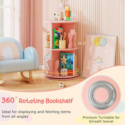 HONEY JOY Kids Rotating Bookshelf, Wooden Spinning Small Corner Organizer w/Baffles, 360°Display Standing Toddler Bookshelf, Narrow Storage Rack, Montessori Book Shelf for Nursery, Playroom (Pink)