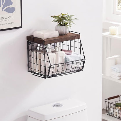 Wall Storage Hanging Baskets 2 PACK - Wooden Top Wire Basket Organizers & S Hooks - Assemble Floating Shelf Racks for Pantry Kitchen Office Bathroom Garage Organization (Large)
