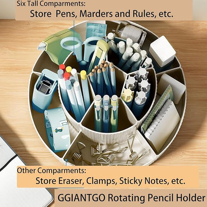 Rotating Desk Organizer, 360° Rotating Pencil Pen Holder for Desk, Desk Organizers and Accessories with 11 Slots Pencil Organizer, Art Supply Storage Box Caddy for Office (Beige)