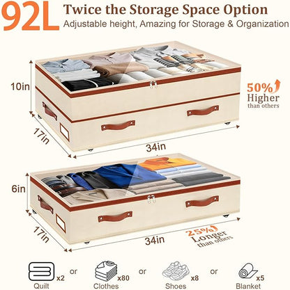 Dolicer 2 Pack Under Bed Storage with Wheels, 6in-10in Height Adjustable Underbed Storage Containers, 92L XXXL Under Bed Drawers Rolling Bin with Clear Lids for Dorm Shoes Clothes Organizers(Beige)