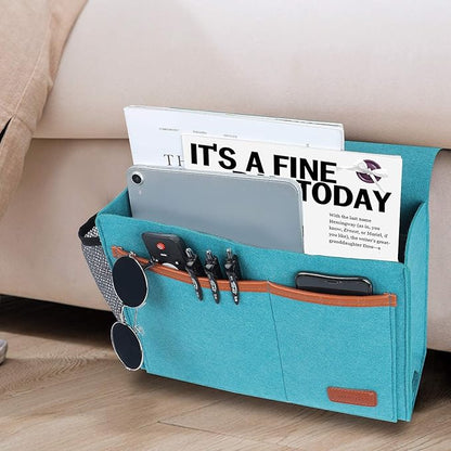 WantuSee Bedside Caddy, Bed Storage Organizer for Remote Controller, Books, Magzine, Laptop Holder, 12.4'' x 8.6'' inch Bedside Hanging Felt Storage Bag for Dorm Bed with 5 Pockets, Celadon