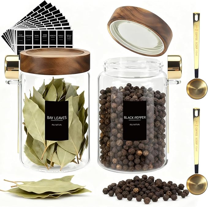 Airtight Glass Storage Jar with Lids Spoons Labels Coffee Ground Canister Sugar Container for Coffee Beans Nut Pasta Sugar Candy Spice Rice Loose Tea(900ml/30oz-2Pack)