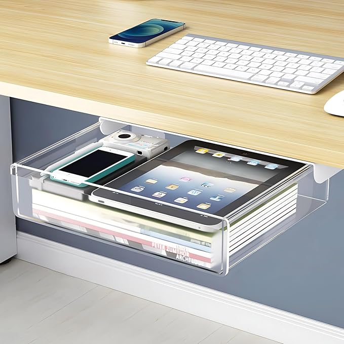 Large Under Desk Table Drawer Storage Organizer A4,Desk Accessories & Workspace Organizers,Hidden Self-Adhesive Under Table Pencil Tray Drawer for Office(Clear White)