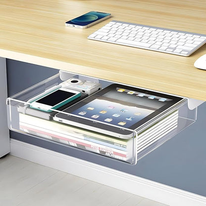 Large Under Desk Table Drawer Storage Organizer A4,Desk Accessories & Workspace Organizers,Hidden Self-Adhesive Under Table Pencil Tray Drawer for Office(Clear White)