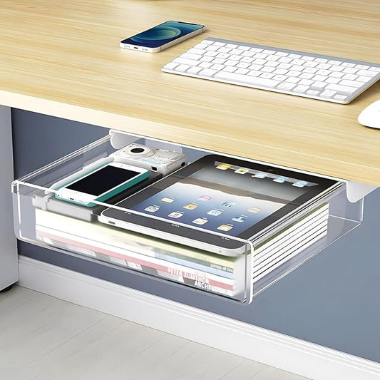 Large Under Desk Table Drawer Storage Organizer A4,Desk Accessories & Workspace Organizers,Hidden Self-Adhesive Under Table Pencil Tray Drawer for Office(Clear White)