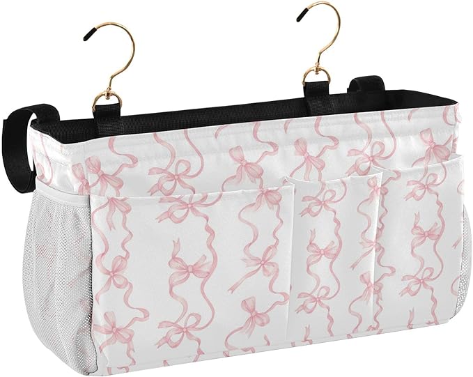 Jihqo Bedside Caddy Hanging Storage Bag Watercolor Bows Bedside Organizer Caddy for Bunk, Dorm Room, Hospital Beds - Place Magazines / Remotes / Keys
