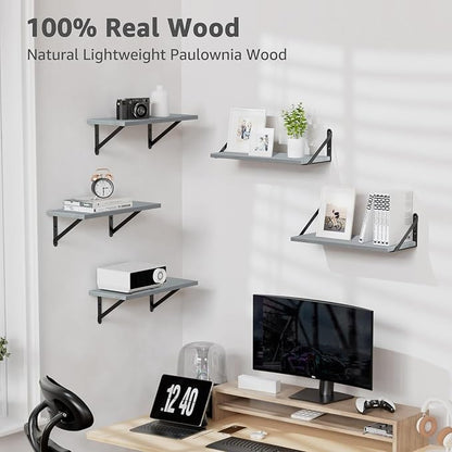 Wall Shelves 7.3" Deep Set of 3, Solid Paulownia Wood Wider Longer Sturdy Easy to Install Wall Mounted Bookshelves Storage Shelves Bathroom Home Office Laundry Room Bedroom Organizer Gray