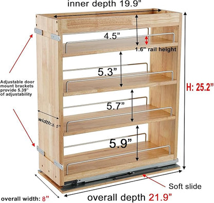 DINDON Pull Out Spice Rack Organizer for Cabinet, (6.5" W x 21.9" D x 25.2" H) Multi-Use Wood Pull Out Cabinet Organizer Slide Out Shelf Cabinet Storage for Kitchen, Pantry Organization