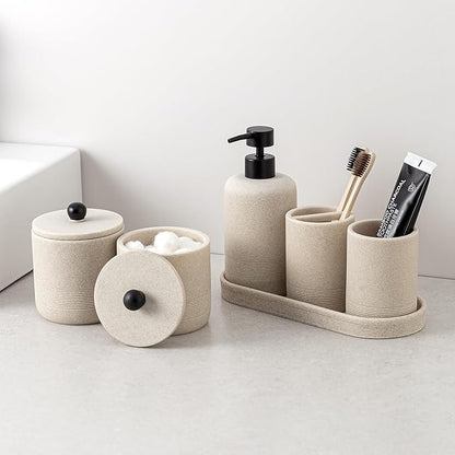 Haocoott Bathroom Accessories Set, 6 PCS Modern Bathroom Accessory Set with 15.2 OZ Soap Dispenser, Toothbrush Holder, Vanity Tray, Tumbler, 2 PCS Qtip Holders (Beige)
