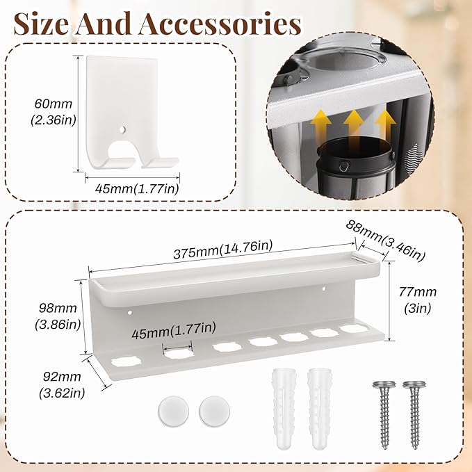 Wall Mount Holder for Hair Dryer Styler, White Storage Rack Organizer for Hair Curling Iron & Attachments – Space-Saving Bathroom Bracket Stand, No-Drill Installation
