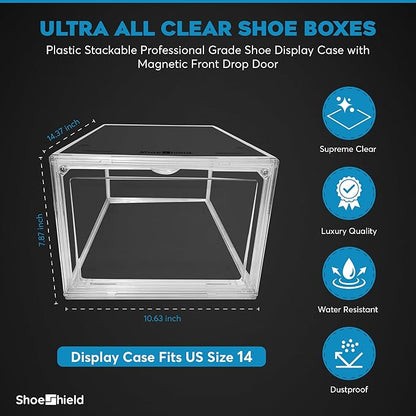 ShoeShield Ultra All Clear Shoe Boxes Plastic Stackable Professional Grade Shoe Display Case with Magnetic Front Drop Door Open Easy Assembly Modern Shoe Sneaker Display Case Fits US Size 14