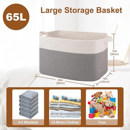 Blanket Basket for Living Room, Cotton Rope Basket for Storage, Toy Baskets Bin for kids, Woven Baskets with Handles for Clothes, Towels, Pillows, 20" x 16" x 12", Grey and White