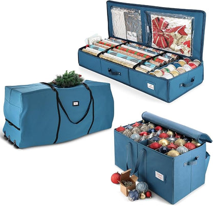 Hearth & Harbor Christmas Tree Storage Bag 7.5 ft, Wrapping Paper Storage Organizer Container & Large Christmas Ornament Storage Box With Adjustable Dividers