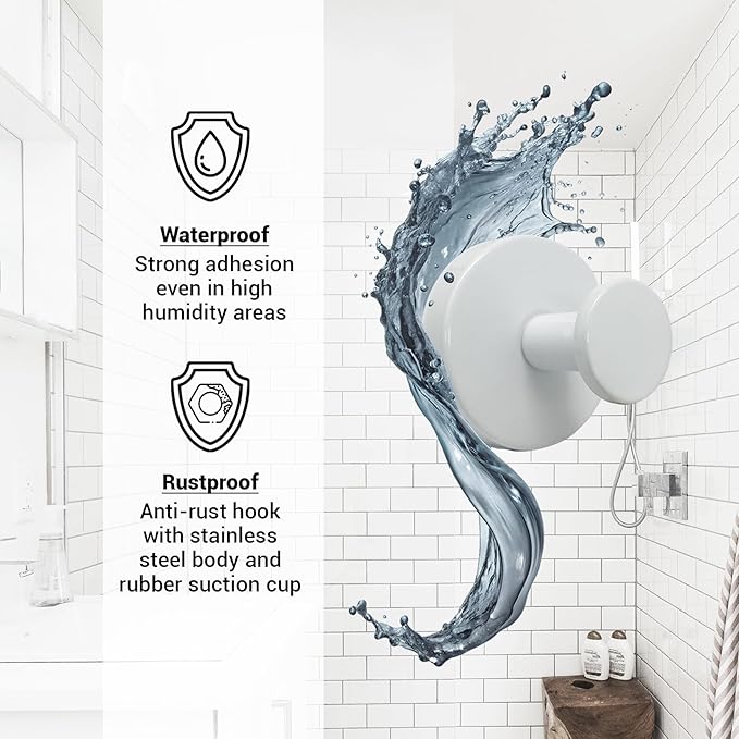 Welsa Suction Cup Hooks for Shower - 2 Pack, White - Stainless Steel, Strong Suction, No Drill, Removable Hanger, Tile Bathroom Kitchen Wall, Glass Door, Mirror Hook Hanging Robe, Towel Holder