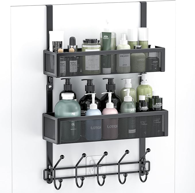 Aimeaihe Adjustable Over The Door Hooks Organizer, Door Hanger Coat Rack with 2 Mesh Baskets and 10 Hooks, Back of Door Storage Organizer for Bedroom,Bathroom,Kitchen (Black)