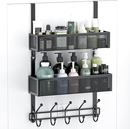 Aimeaihe Adjustable Over The Door Hooks Organizer, Door Hanger Coat Rack with 2 Mesh Baskets and 10 Hooks, Back of Door Storage Organizer for Bedroom,Bathroom,Kitchen (Black)
