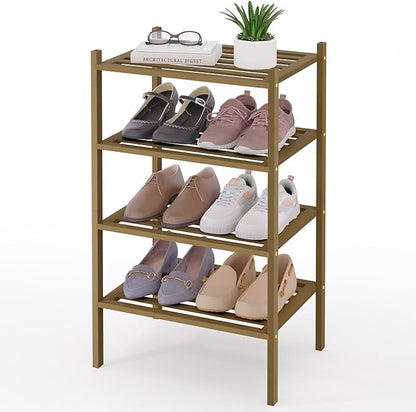 Smiry Small Bamboo Shoe Rack 4-Tier, Stackable Wooden Shoe Organizer for Entryway & Closet, Free Standing Wood Shoe Storage Shelf for Front Door & Small Spaces, Walnut