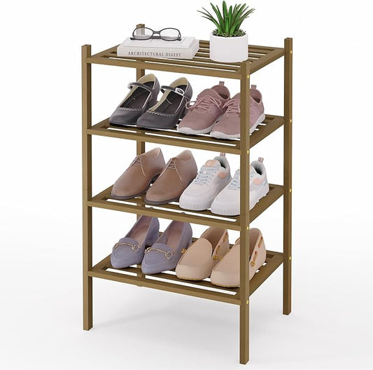 Smiry Small Bamboo Shoe Rack 4-Tier, Stackable Wooden Shoe Organizer for Entryway & Closet, Free Standing Wood Shoe Storage Shelf for Front Door & Small Spaces, Walnut