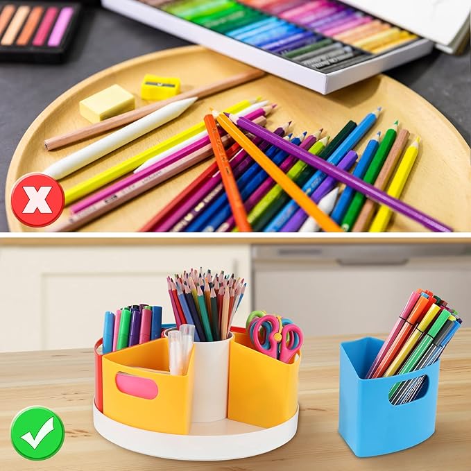 360 Rotating Art Supply Storage Organizer Caddy for Kids - Multicolored Crayon Marker Storage and Pencil Holder for Desk - Classroom Organization