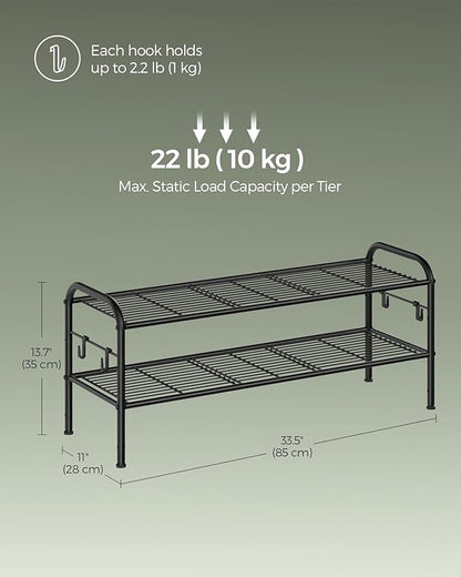 SONGMICS Shoe Rack, 2-Tier Shoe Organizer, Metal Shoe Shelf Storage with 4 Side Hooks, Holds 10 Pairs of Shoes, Height-Adjustable Shoe Rack for Entryway, Hallway, Closet, Ink Black ULMR128B01