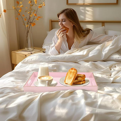 MAONAME Pink Serving Tray with Handles, Modern Decorative Tray for Coffee Table, Plastic Rectangular Trays for Ottoman, Bathroom, Decor, 15.8” x 10.2” x 1.4"